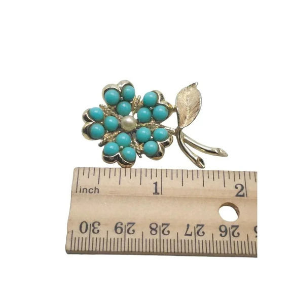 Sarah Coventry Blue Faux Turquoise 1964 Flower Brooch Signed Gold Tone Vintage - Picture 4 of 4
